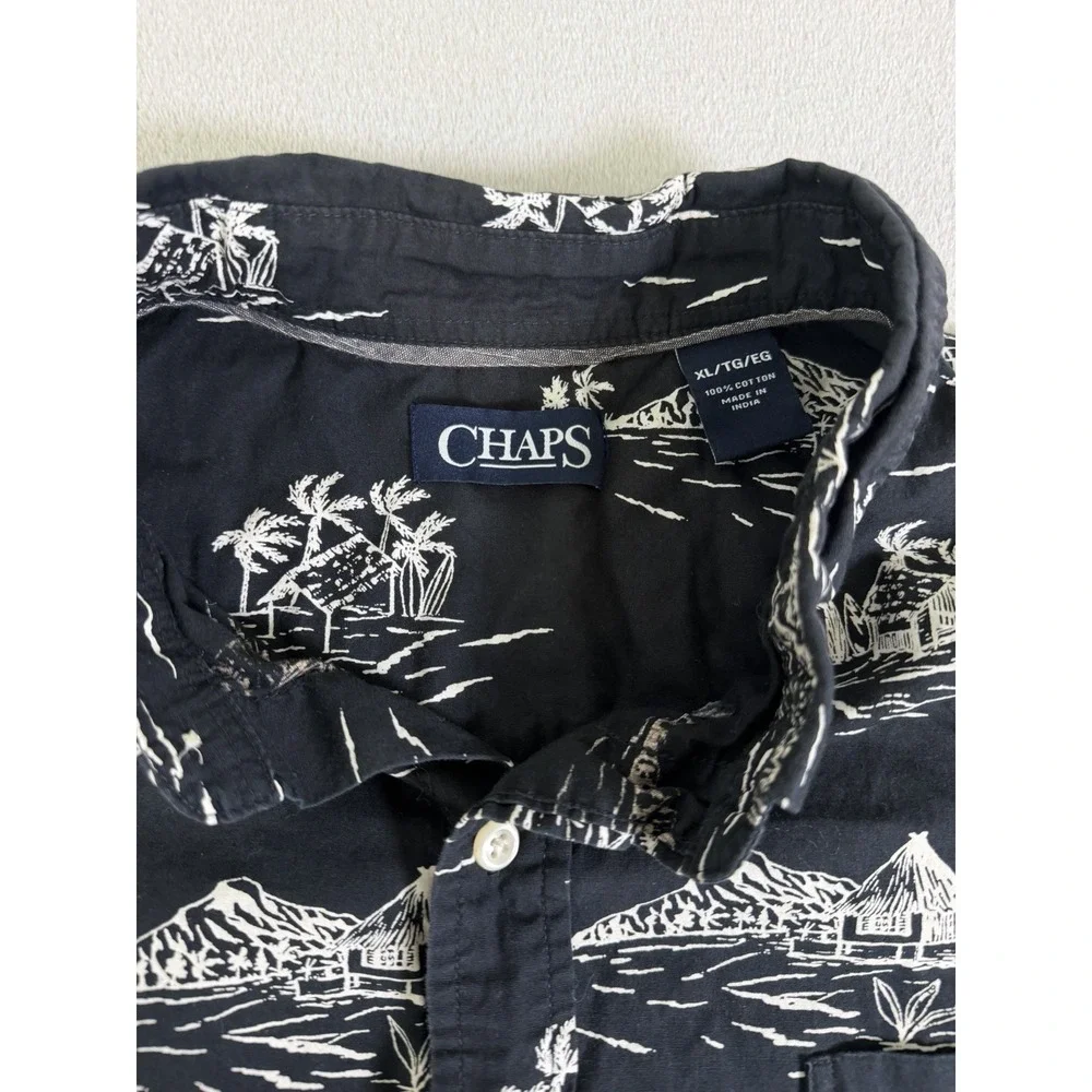 Chaps 100% Cotton Tropical Shirt Mens XL Black Island Print Hawaiian - Picture 3 of 16
